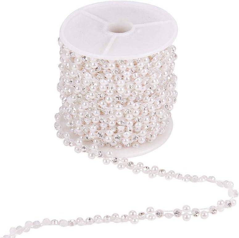 PH PandaHall ABS Plastic Imitation Pearl and Rhinestone Chain Pearl Bead String for Wedding Party Decoration Sewing Trims Cake Decoration, White, Assorted, 4 Pack