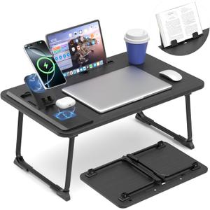 Lap Desk Bed Table with Wireless Charger - Foldable Large Laptop Tray with Tablet Slot and Book Shelf, No Assembly Table for Couch Chair Floor for Sturdy, Writing, Studying Eating, and WFH