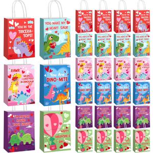Epakh 24 Pcs Valentine's Day Gift Bags Dinosaur Treat Goodie Paper Bags with Handles for Valentines Gifts Wrapping Dino Birthday Party Supplies Decorations