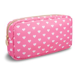 Small Makeup Pouch for PurseNylon Travel Toiletry Storage Cute Preppy Cosmetic Bag for Women GirlsWaterproof Makeup Organizer Pouch Skincare Purse with Zipper (Small-Pink Heart)