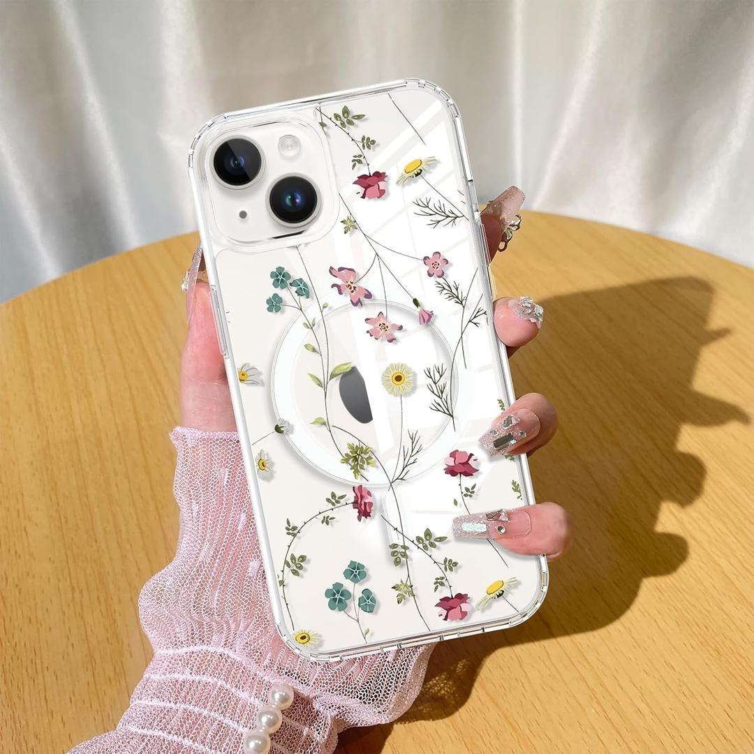 KANGHAR Magnetic Designed for iPhone 14 Plus Case Clear Compatible with MagSafe Cute Flowers Floral Pattern Soft TPU Bumper Shockproof Anti-Scratch Slim Phone Cover Designed for iPhone 14 Plus Cases