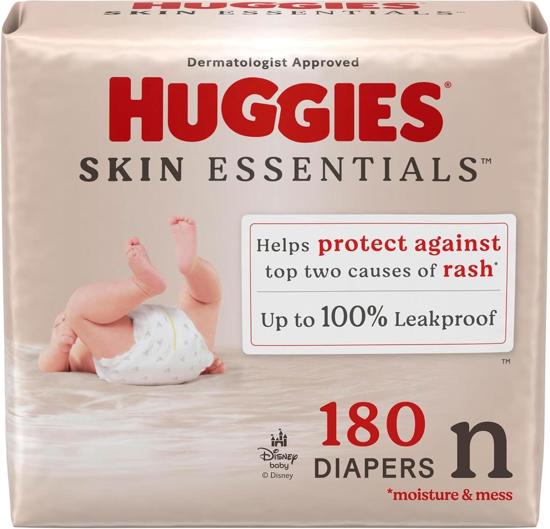 Huggies Size Newborn Diapers, Skin Essentials Baby Diapers, Size Newborn (6-9 lbs), 180 Count (3 Packs of 60)