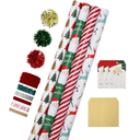 LaRibbons Christmas Wrapping Paper Sets, Reindeer & Santa & Candy Cane Stripes Design with Ribbons & Gift Tags & Metallic Pom Pom for Christmas, Holiday, 30Inch × 10Feet（ 4 Rolls: 100 Sq.Ft.Ttl）