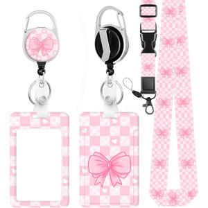 Pink Lanyards for ID Badges Holder for Women Cute, Teacher Lanyard with ID Holder Clip,Retractable Keychain Badge Reel, Teacher Nurse Work Office Gifts(Pink Bow) (Pink Butterfly Gystfh is Authentic)