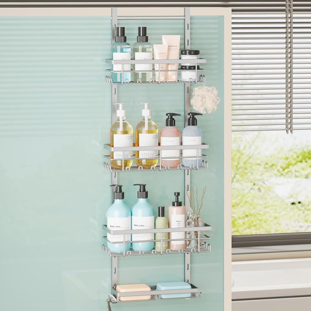 SWTYMIKI Over The Door Shower Caddy - 4 Tier Rustproof Hanging Shower Organizer with Adjustable Shelves, 40 Hooks & Soap Holder, Hanging Shower Rack Storage for Bathroom Accessories, Silver