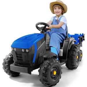 ELEMARA 24V 9AH Ride on Tractor with Easy Detachable Trailer, 24V Ride on Toys for Big Kids, 400W Electric Vehicles Ride On Tractor Car with Shovel, All-Terrain Capability, for Ages 3+, Music, Blue, Large