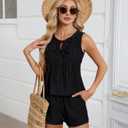 Blooming Jelly Womens Two Piece Sets Pleated Vacation Outfits Resort Wear Beach Linen Set Cruise Summer Matching Set 2025 (Black, L)