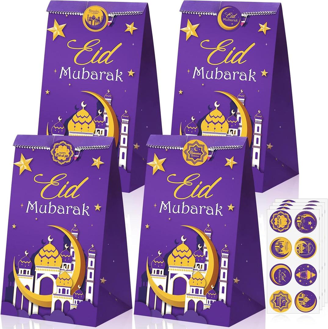 Yisong 28 Pack Eid Mubarak Party Favor Paper Bags, Eid Al Fitr Mosque Ramadan Theme Printed Pattern Candies Goodies Gift Bag for Muslim Al-adha Decoration Supplies(Purple)