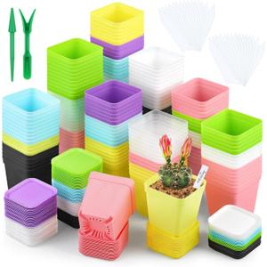 Hahood 160 Pieces Square Flower Plant Pots 3 Inch Flower Seedling Nursery Pots with Pallet Colorful Mini Plastic Planters with Labels and Tools for Room, Garden, Office and Balcony, 8 Colors