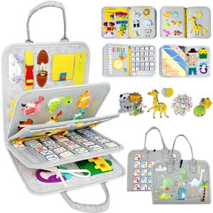 Qizfun Busy Board Montessori Toy for Toddlers, Educational Sensory Learning Toy for Fine Motor Skills, Preschool Travel Toy for Airplane & Car, Gifts for Boys and Girls