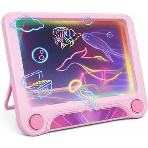 Magic LED Drawing Board for Kids, Light-Up Tracing Pad with 3 Double-Sided Cards & 4 Washable Markers, Glow Doodle Arts & Crafts Toy for Ages 3+