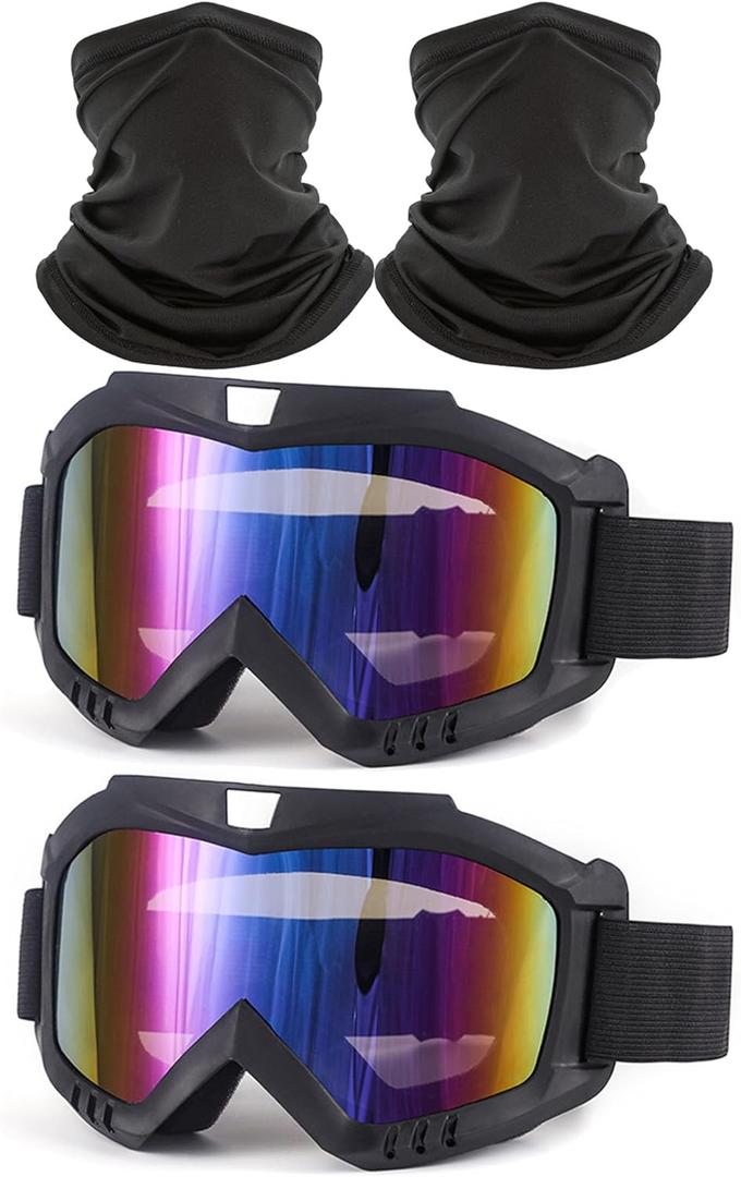 2Pcs Dirt Bike Goggles with Neck Gaiter, Motorcycle ATV Riding Ski Racing Goggles Windproof (Black)