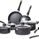 Amazon Basics Non-Stick Kitchen Cookware 15-Piece Set with Stay-Cool Handles, Even Heating, Non-Induction, Includes Pots, Pans, and Utensils, Black