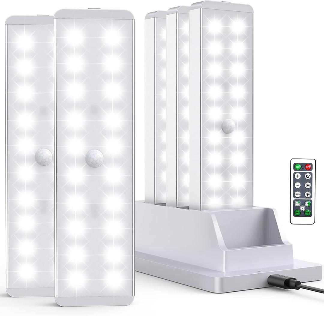 LED Closet Light with Charging Station, 5 Pcs Dimmer Rechargeable Motion Sensor Under Cabinet Lighting with Remote Control, Wireless Stick-Anywhere Night Safe Light Bar for Wardrobe,Kitchen (White)