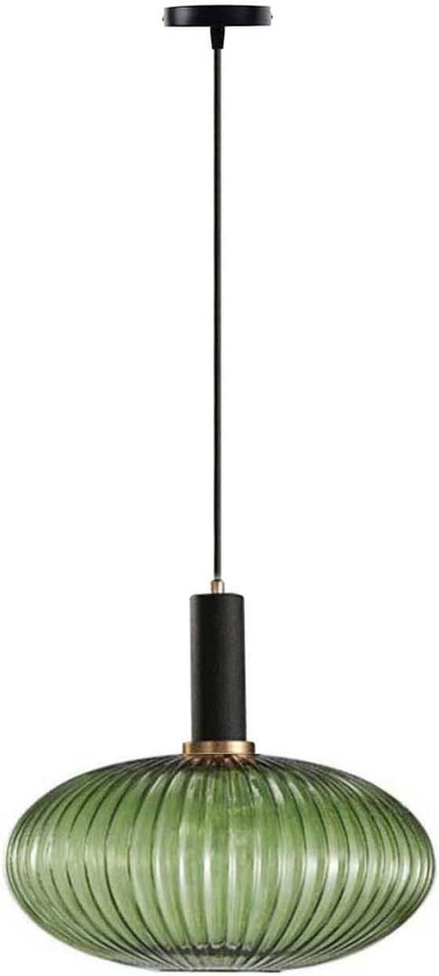 Pendant Light Black Lamp Holder and Glass Striped Light Shade Modern Pendant Lighting for Kitchen Island Farmhouse Hanging Lights Fixtures (L, Green)