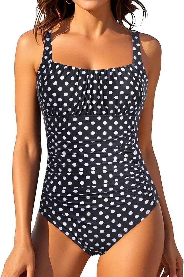 Aqua Eve One Piece Bathing Suit for Women Tummy Control Swimsuit Slimming Vintage Swimwear (Large, Black Polka Dot)