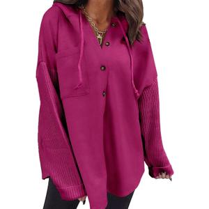 SHEWIN Oversized Sweatshirt for Women Loose Fit Casual Long Sleeve Button Hooded Sweatshirts Hoodies with Pocket (Large, Rose Red)