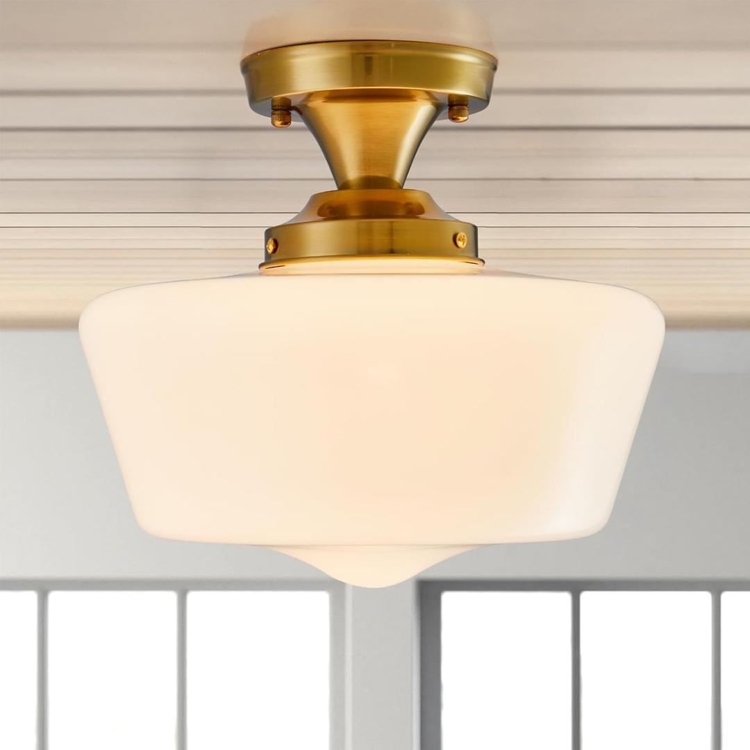 Schoolhouse Light Fixture Modern Gold Ceiling Light,Semi Flush Mount Ceiling Light,12''Wide Opal Milk Glass Shade,Brass Vintage Light for Farmhouse Bedroom Kitchen Hallway Entryway Schoolhouse Light Fixture Modern Gold Ceiling Light,Semi Flush Mount Ceiling Light,12''Wide Opal Milk Glass Shade,Brass Vintage Light for Farmhouse Bedroom Kitchen Hallway Entryway