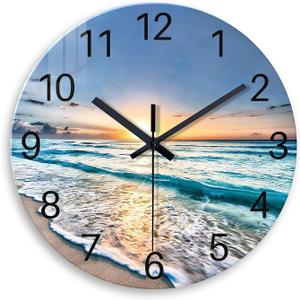 Blue Beach Wall Clock for Kitchen 14 Inch Round Coastal Clocks for Walls Analog Glass Wall Clock Non Ticking