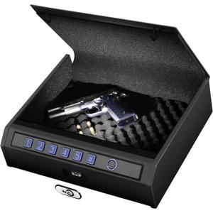 Biometric Gun Safe for Handgun Quick Access Fingerprint Pistol Safe with Keypad Silent Mode Holds 2 Pistols - Home, Car, Nightstand Gun Lock Box with LED Light & Steel Cable (Large)