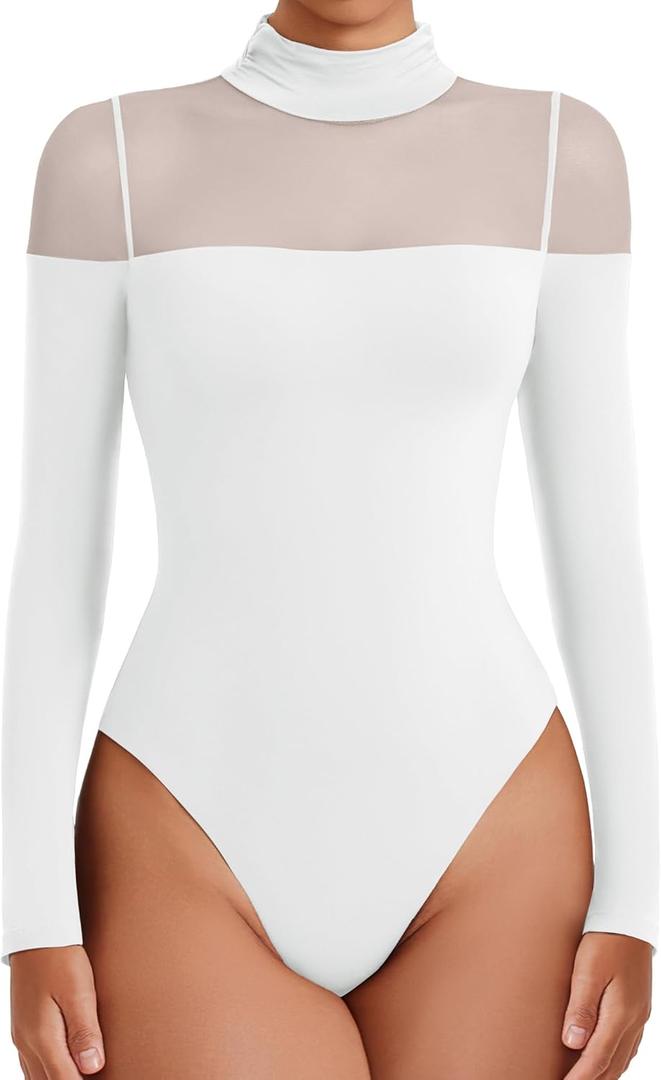 Avidlove Women's Long Sleeve Bodysuits Thong Turtle Neck Body Suit Mesh Going Out Leotard Tops One Piece, M