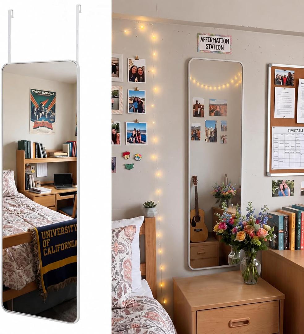 Thyle Over The Door Mirror 16x48'' Full Length Dorm White Mirror with Adjustable Hooks Wall Mounted for College School Classroom Affirmation Station Back Door Bedroom Entryway Long Body
