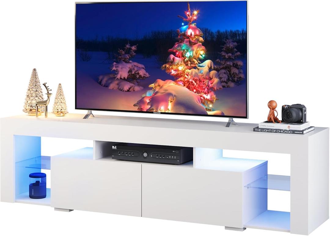 WLIVE 63 Inch TV Stand, LED Entertainment Center for 60 to 70 Inch TV, Modern TV Console with 2 Drawers, TV Stands for Living Room, White