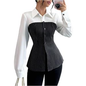 SweatyRocks Women's Long Sleeve Button Down Fitted Color Block Striped Blouses Shirts Elegant Work Tops (Medium, Black and White)