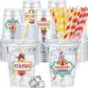 FoldTier 50 Pcs Carnival Party Plastic Cups 12 oz Disposable Plastic Cups with Straws and Lids Circus Clear mug Birthday mugs Supplies Birthday Table Decorations Party Favor, 3.5 X 2.2 X 4.2 Inches