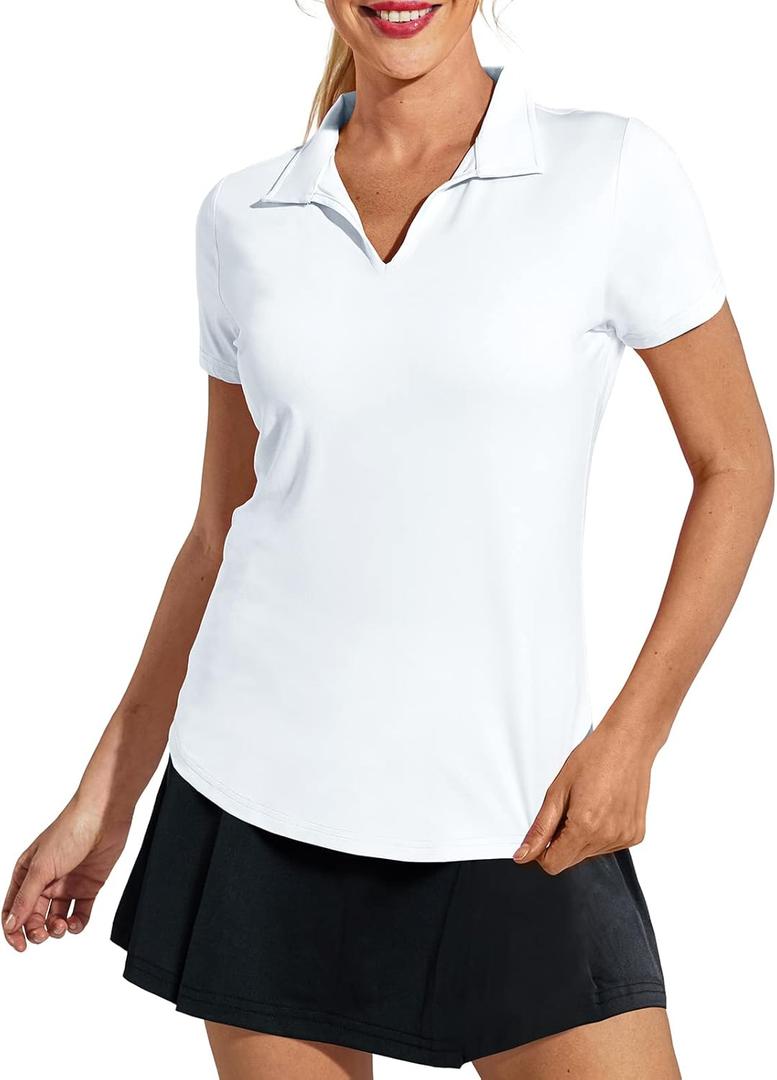 MIER Women's Golf Polo Shirts Collared V Neck Short Sleeve Tennis Shirt, Dry Fit, Moisture Wicking (Large, White)