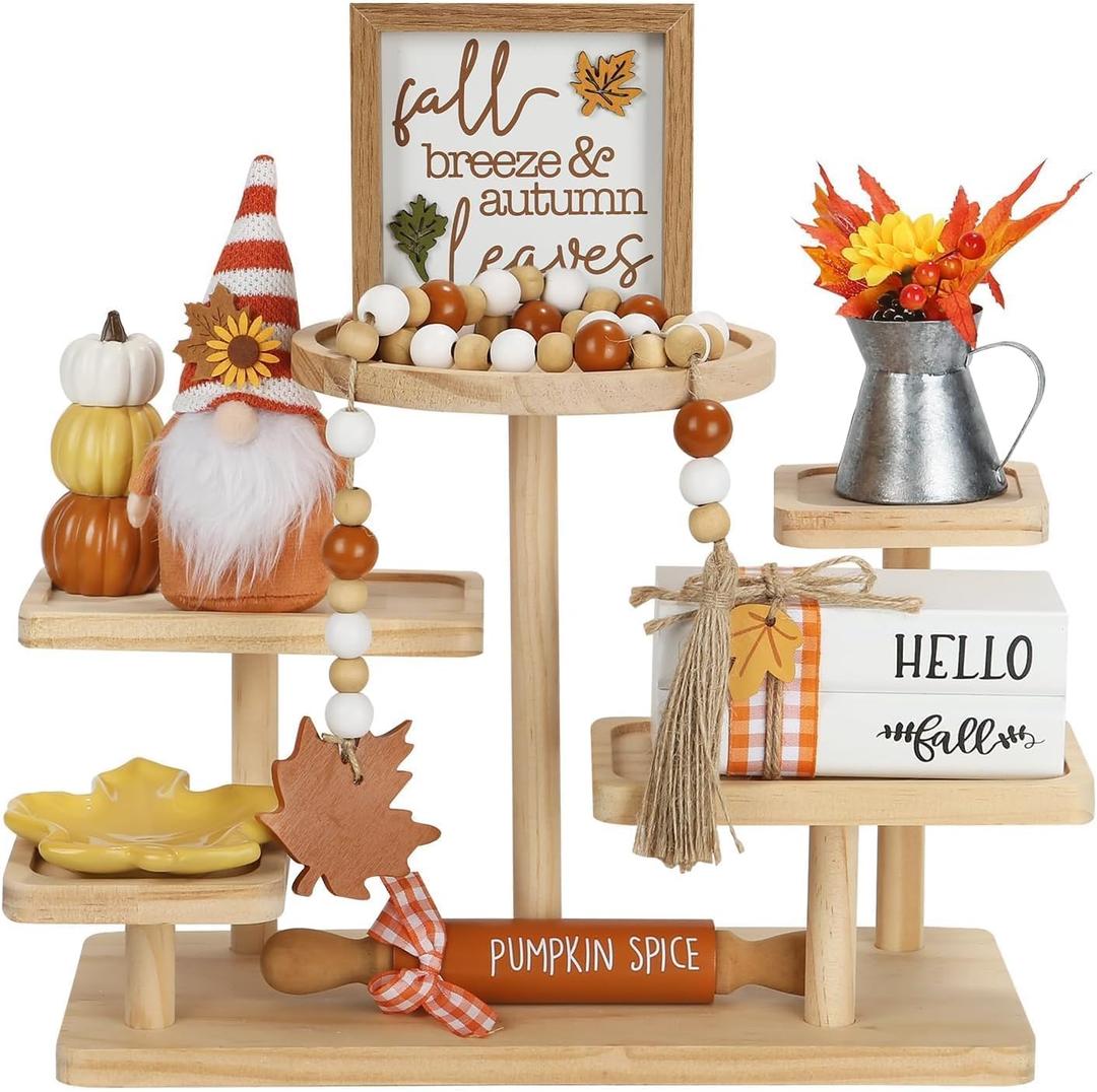 Thanksgiving Decorations for Home 8PCS Tiered Tray Decor Set, Tabletop Fall Thanksgiving Decor for Shelf Mantel Fireplace Office Desk Coffee Bar Table Centerpieces Pumpkin Farmhouse Wood Sign