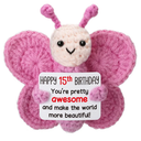 Pink Crochet Butterfly 15th Birthday Gift for Girls, Handmade 4" Amigurumi Plush with “Happy 15th Birthday” Sign, Cute Teen Girl Desk Decor, Small Stuffed Butterfly