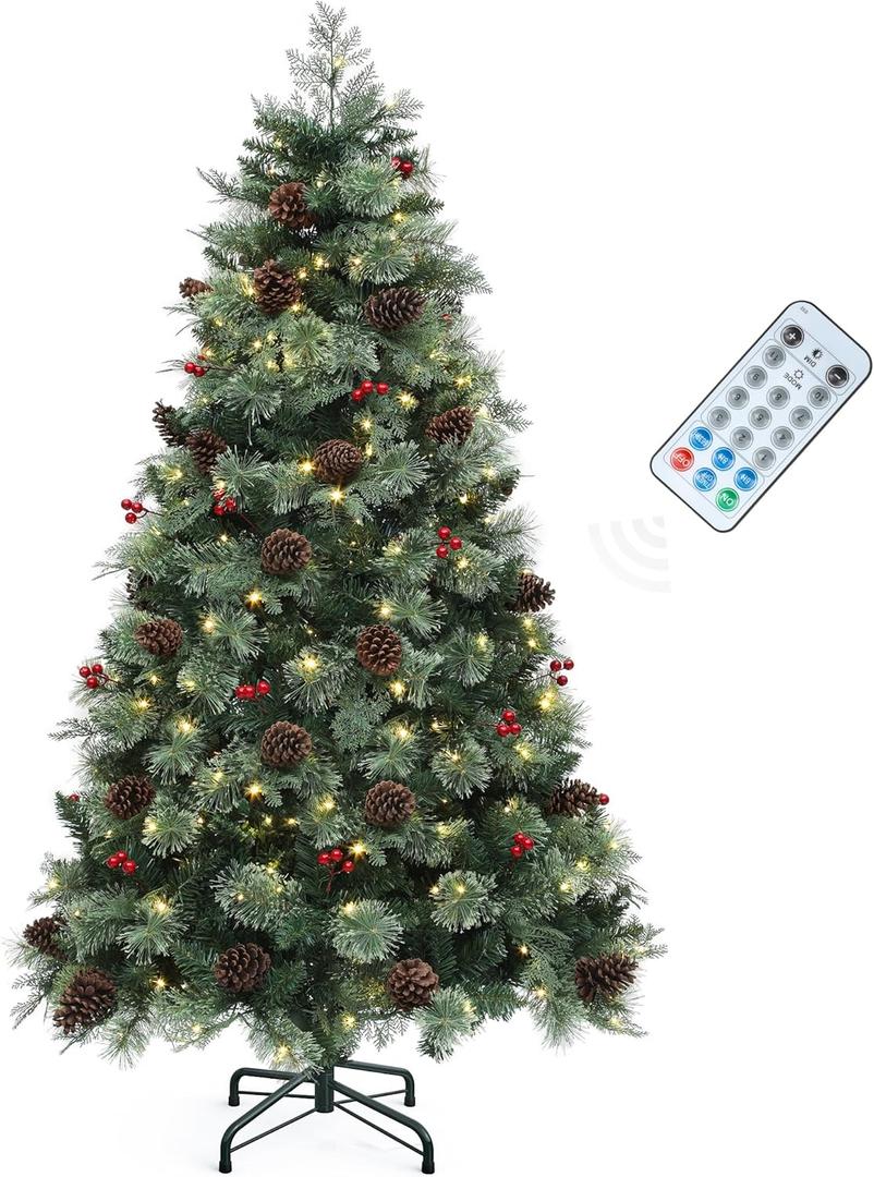 YITAHOME 7.5ft Prelit Carolina Pine Christmas Tree with Remote, Artificial Green Hinged Christmas Tree w/ 1200 Mixed Tips, Pine Needles, 45 Pinecones, 48 Red Berries, 400 Lights & 11 Modes
