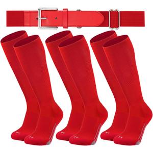 Londkaron Youth Elite Baseball/ Softball Socks & Belt Combo (3 Pairs of Socks with 1 Belt) (Medium, Red)