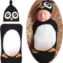 Cute Penguin Newborn Swaddle Blankets Hat Sets Soft Baby Receiving Blanket Swaddle Sack for Baby Shower Infant Boy Girl Gift One Size