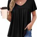 HOTOUCH Womens Short Sleeve Tunic Tops V Neck Loose Fit Ruffle Sleeve Shirts Summer Floral Dressy Casual Boho Blouses (Black, S)