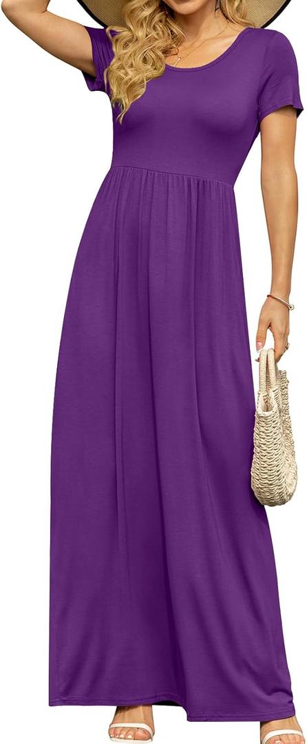DB MOON Womens 2025 Summer Maxi Dresses Casual Short Sleeve Empire Waist Spring Long Dress with Pockets (Purple)