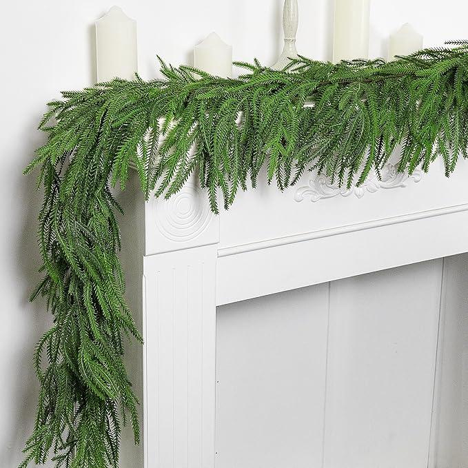 2 Pcs Christmas Norfolk Pine Garland, 6 Ft Dense Norfolk Pine Realistic Touch Garland, Artificial Pines Greenery Garlands for Christmas Holiday Mantle Fireplace Table Home Decor