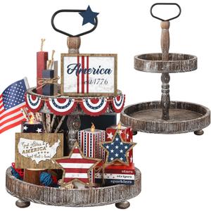 15 Pcs 4th of July Patriotic Tiered Tray Decor Set with Vintage Wooden Tray Independence Day American Decoration Rustic Farmhouse 250th Anniversary Memorial Day Red White Blue Wooden Sign