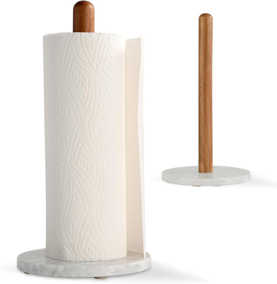 Acacia Wood & Marble Paper Towel Holder Freestanding Paper Towel Holder for Countertop, Weighted for One-Handed Use, for Kitchen, Bathroom, Office