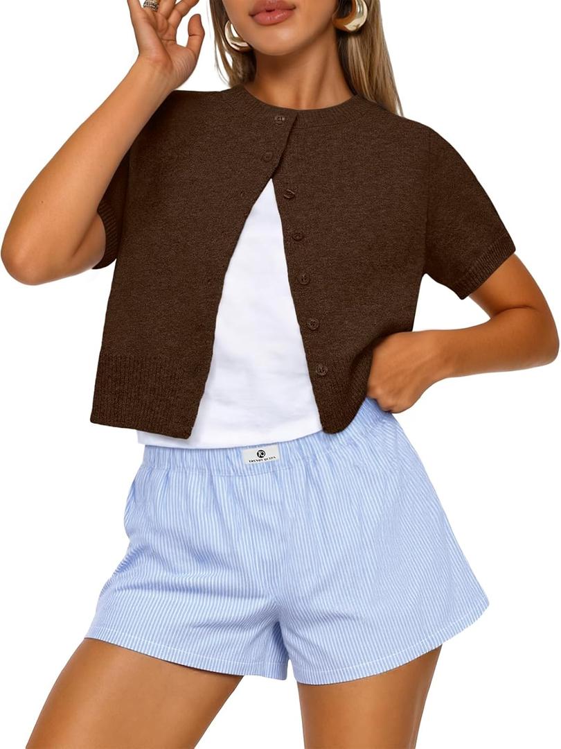 Trendy Queen Cropped Short Sleeve Cardigan Sweaters for Women Summer Lightweight Spring Outfits Y2k Fashion Clothes 2026 (Medium, Chocolate Brown)