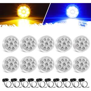Partsam 10Pcs Dual Revolution 2 inch Round 9LED Marker Light, Amber Side Marker Clearance Lights to Blue Auxiliary Lights for Trailer Truck, Clear Lens,12V, Waterproof