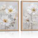 2pcs Framed Modern White Daisy Floral Wall Art -Watercolor Natural Beige Wildflower Canvas Painting -Elegant And Gentle Floral And Plant Artfor Living Room, Bedroom, Office Decor16x24in