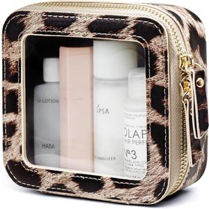 Popvibe Clear Makeup Bag Travel Cosmetic Case Transparent Toiletry Bag with Zipper, Portable Make Up Organizer Traveling Compact Car Bag for Essentials (Leopard Ash)