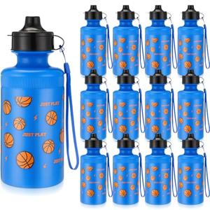 Maxdot 12 Pcs Basketball Water Bottles Bulk 18 oz Squeeze Reusable Plastic Water Bottle with Nylon Strap Leak Proof Sport Theme Cup for School Basketball Team Grad Gift(Blue)