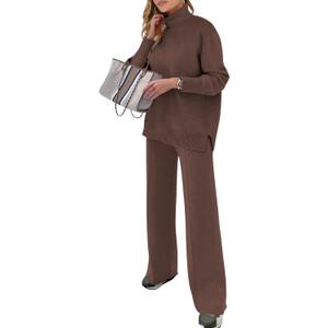 ANRABESS Womens 2 Piece Outfits Sweater Sets Loose Turtlenck Knit Pullover Top Wide Leg Pants 2024 Fall Lounge Sweatsuits (Small, Coffee)