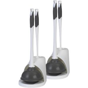 Clorox Toilet Plunger and Bowl Brush Combo Set with Caddy, 6.75" x 7" x 19.5", White/Gray, Pack of 2 - Plunger and Toilet Bowl Brush, Heavy Duty Plunger, Toilet Cleaning Brush, Freestanding Caddy