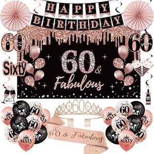 60th Birthday Decorations for Women, 33pcs Black Rose Gold Happy 60th Birthday Banner Crown and Sash Balloons Backdrop Hanging Swirls Paper Fans, 60 Years Old Party Supplies Kit