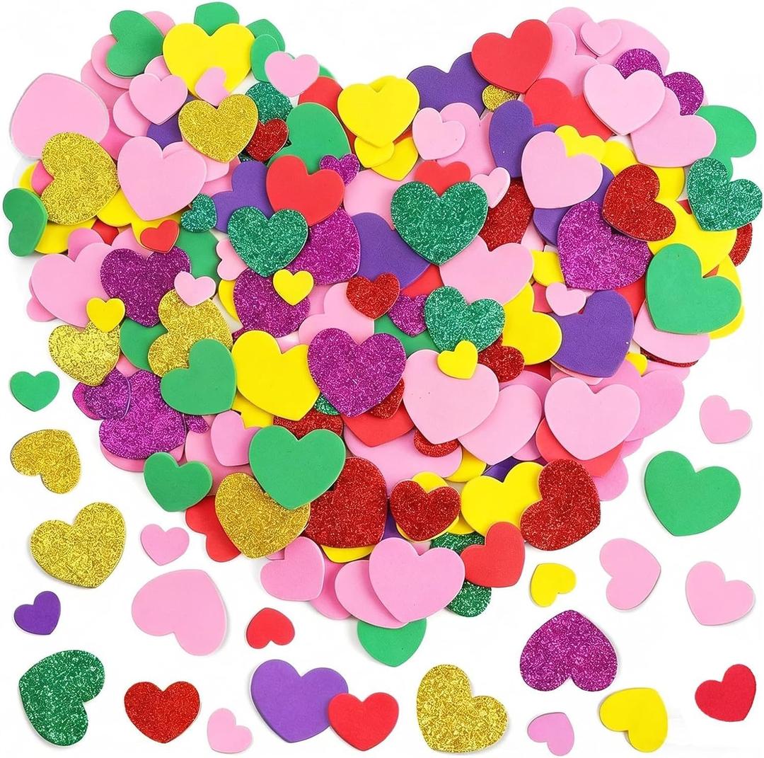 XZENTIRA 200PCS Valentines Day Heart Foam Stickers Self Adhesive Foam Glitter Hearts Multi Color Love Decals for Valentine Crafts DIY Decor Greeting Cards