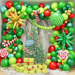 Christmas Balloon Garland Kit 143 Pcs Lime Green Dark Green Red Gold Balloons Arch with Candy Canes Foil Balloon Explosion Star Balloons for Xmas Ugly Sweater Friendsmas Birthday Party Decor